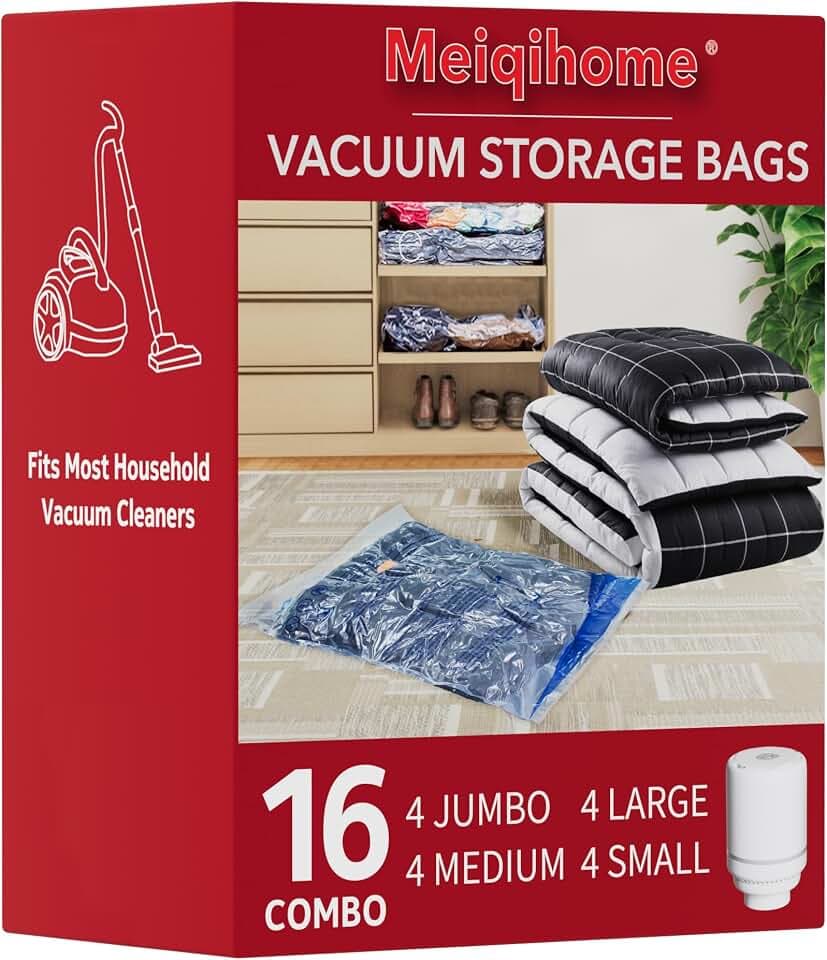 MEIQIHOME 16er Set Vakuumbeutel mit Elektrischer Pumpe – 4J/4L/4M/4S – Kompressionsbeutel für Kleidung, ideal für Umzug, Reise, Lagerung