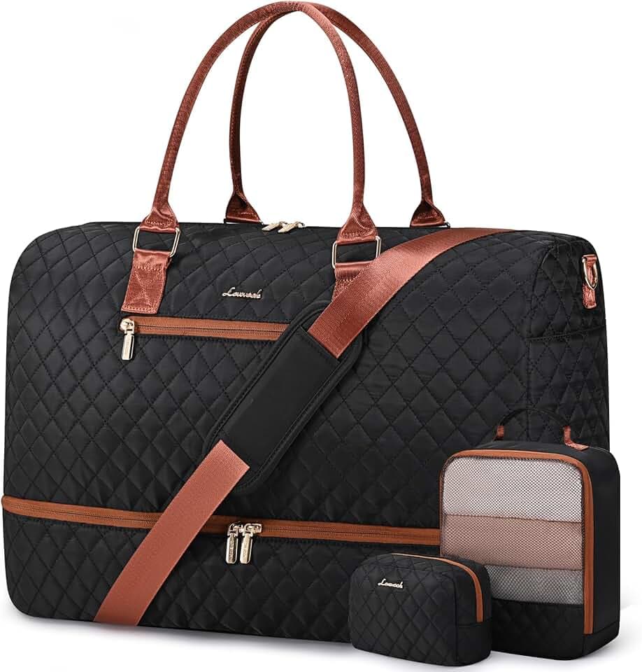 LOVEVOOK Travel Duffle Bag for Women, Weekender Overnight Bag with Shoe Compartment, Carry on Bag with Toiletry Bag, Gym Duffel Bag with Wet Pocket, Hospital Bags for Labor and Delivery 3 Pcs Set