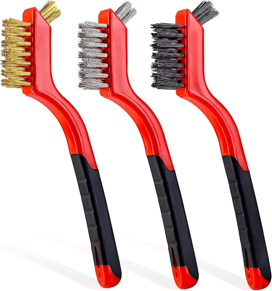 Wire Brush Set 3PCS - Nylon/Brass/Stainless Steel Bristles with Curved Handle Grip for Rust, Dirt & Paint Scrubbing with Deep Cleaning – 7 Inches (Red)