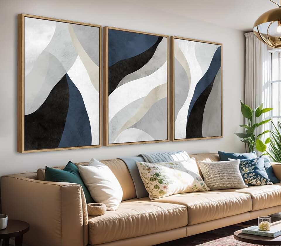 Large Abstract Framed Wall Art, Modern Blue Grey Canvas Pictures, 32"X48"X3