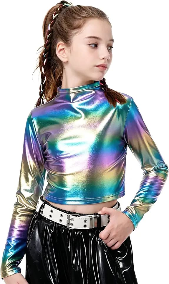 LOLANTA Metallic Cropped Top für Mädchen, halber Rollkragen, funkelndes Tanzshirt für Hip-Hop, Disco, Bühne & Party