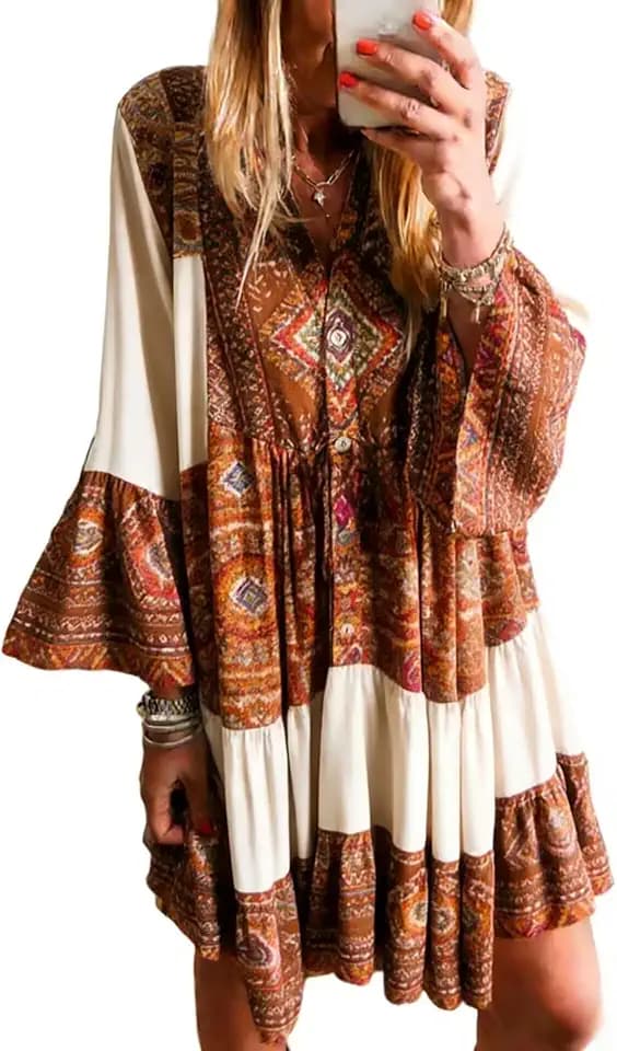 KevaMolly Women Bohemian Floral Long Sleeve Mini Dress