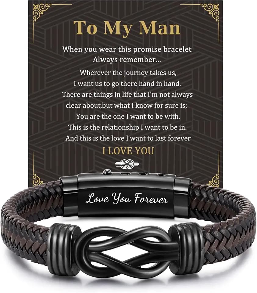 MEALGUET Men's Bracelets Gifts for Men - Brown Braided Leather Infinity Knot Bracelets Engraved Love Massage for Son Man Husband Boyfriend, Mens Bracelet Jewelry Gift for Birthday Valentine's