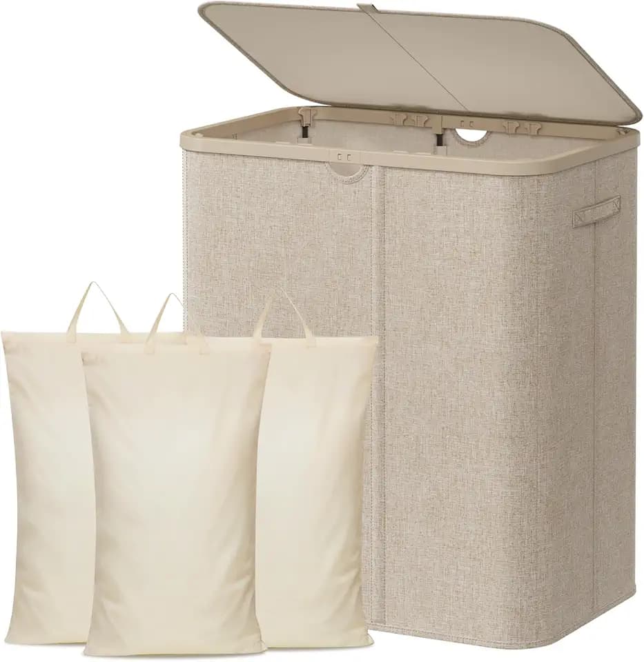 Lifewit 165L Wäschekorb mit Deckel und 3 Fächern, Beige