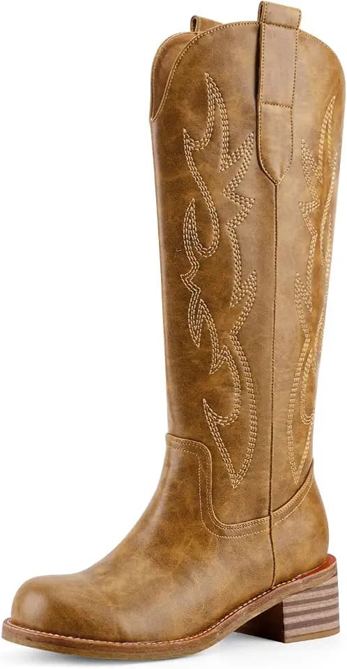 VBDB Cowboy Boots Knee High Women Western Embroidered Square Toe Wide Calf Chunky Heel Chunky Heel Retro Classic Tall Boot Pull on for Ladies Fall Winter