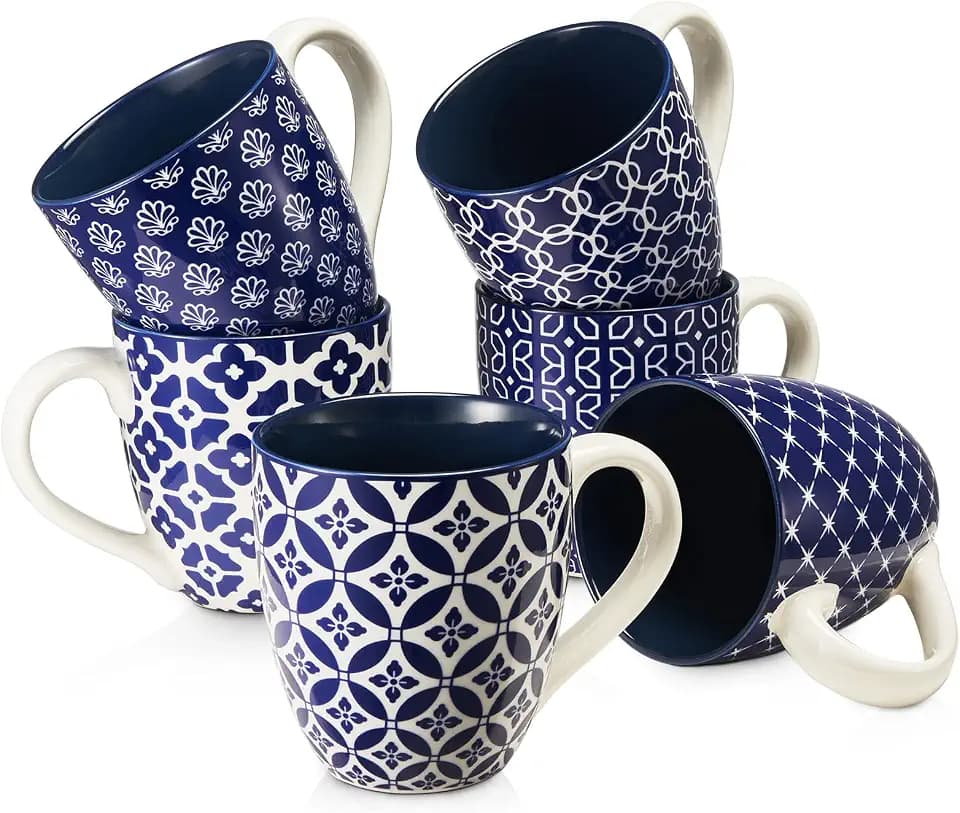 DOWAN Kaffeetassen Set 6er 560ml, Große Kaffeebecher Porzellan, Blau-weiß