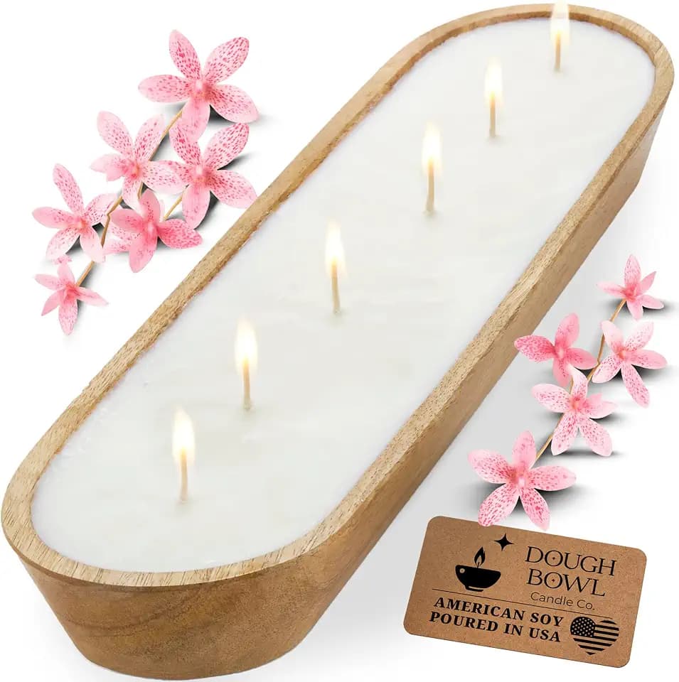 Dough Bowl Candle Co. Sea Salt and Orchid Soy Candle - 6 Wick Rustic Farmhouse Coffee Table Decor, Odor Eliminator in Wooden Bowls, 32 Oz Wooden Dough Bowl Candle, All-Natural Gifts for Women and Men