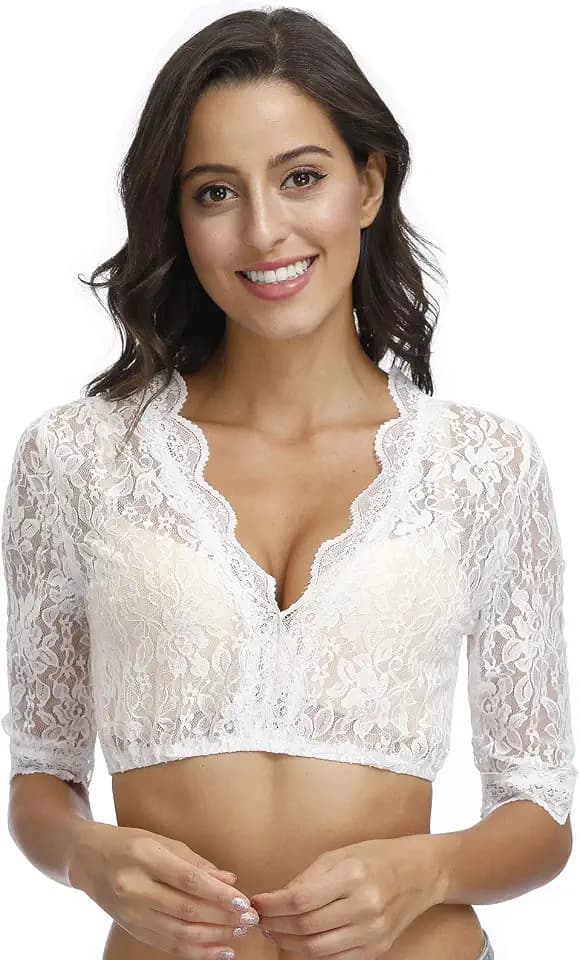 ELFIN Damen Dirndlblusen Kurzarm Spitze Tracht Bluse Elegante Halbarm Bluse von 34-42