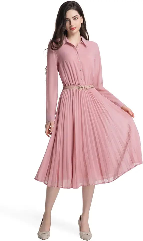 Women's Work Dress with Belt, Business Casual Midi Shirt Dresses