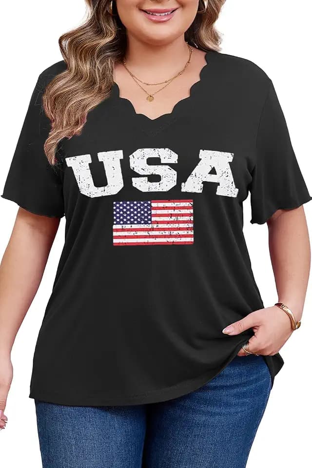 CARROTMOB Women's Plus Size Curved V Neck Short Sleeve Loose Fit Blouse