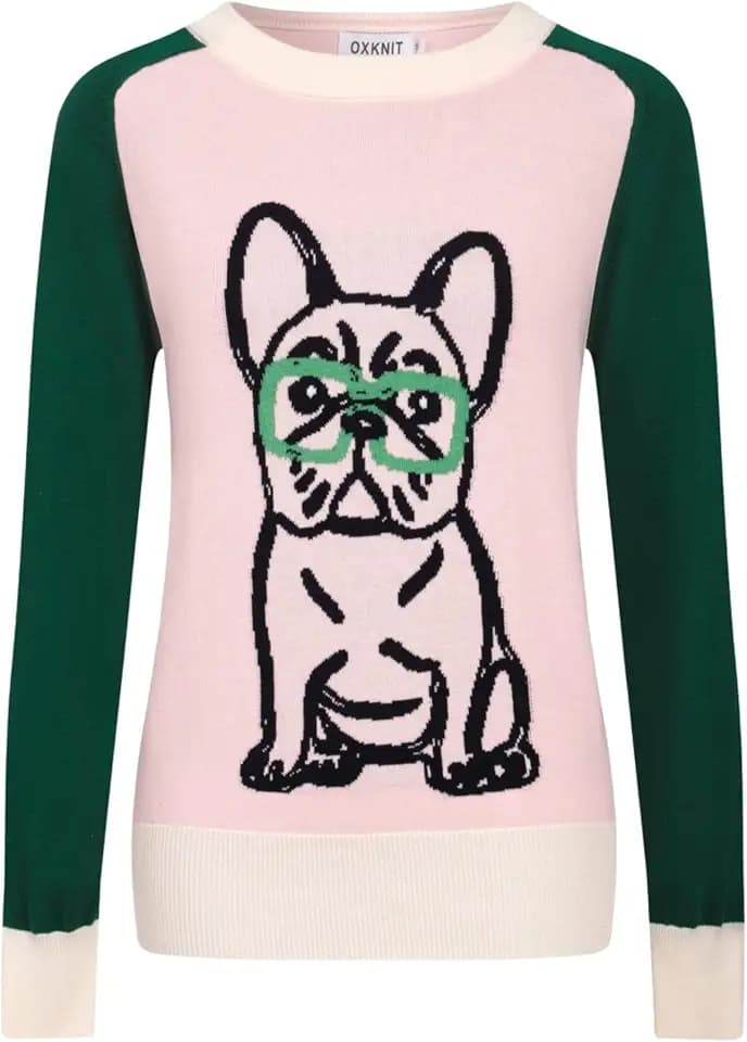 OXKNIT Women's Knitted Shirts Long Sleeve Retro French Bulldog Jacquard Color Block Casual Cotton Tops