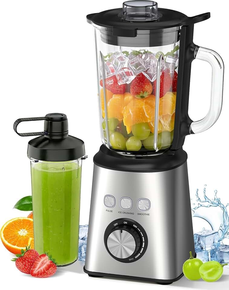 Mixer, Smoothie Maker & Standmixer, Hochgeschwindigkeits Mixer Smoothie Maker 1,5L Glasbehälter&600ml, 1.000 W, 24.000 U/min, 3 Programme, Stufenlose Geschwindigkeit, Edelstahl, für Smoothies, Mixen