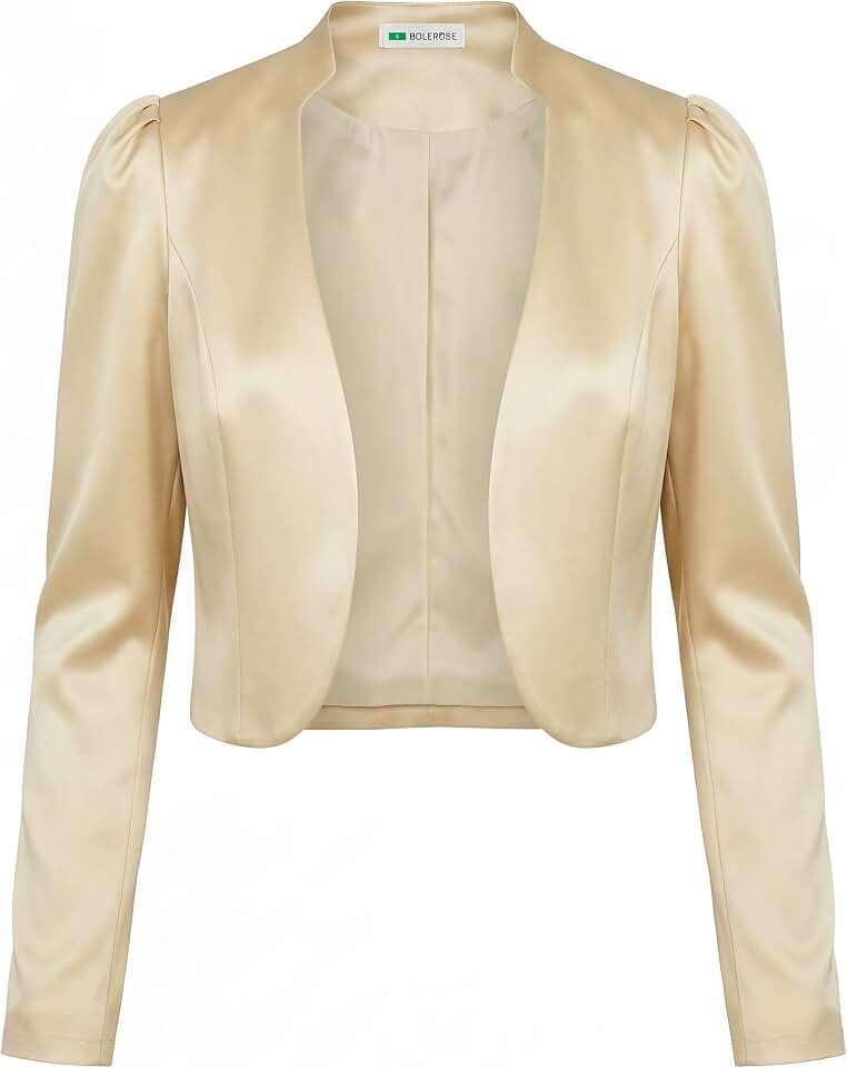 Bolerose Satin Bolero Jacke Damen Langarm Puffärmel Blazer