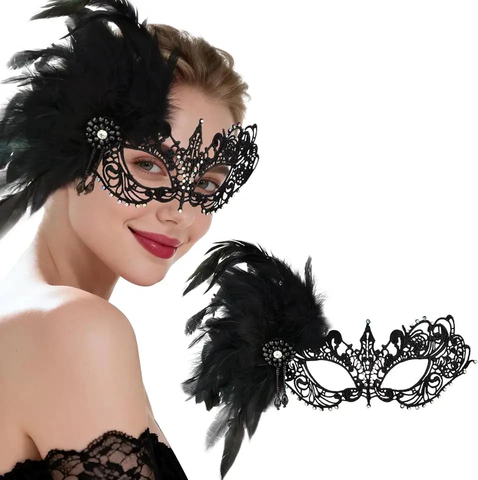 Hoshin Masquerade Mask for Women, Lace Venetian Masks with Feathers and Rhinestone Mardi Gras Costume Deecorations