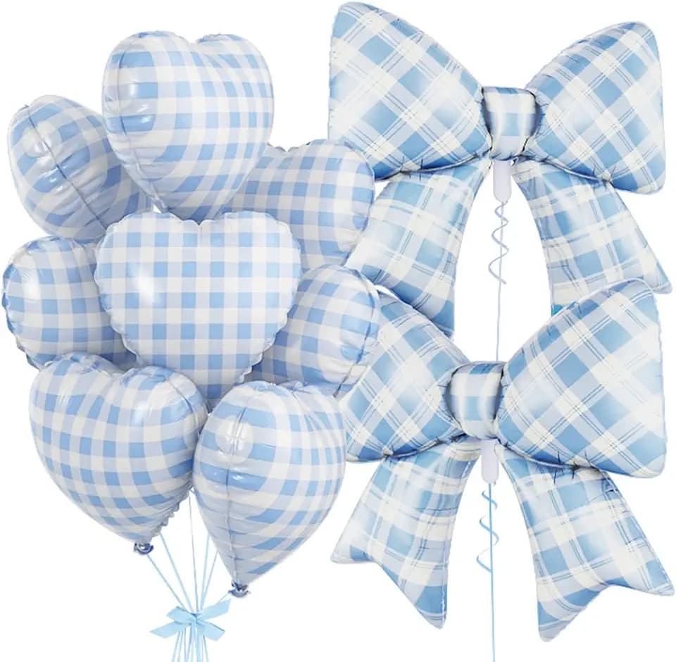 Blue Bow Balloons, Blue Checkered Heart Balloons for Boys Birthday Wedding