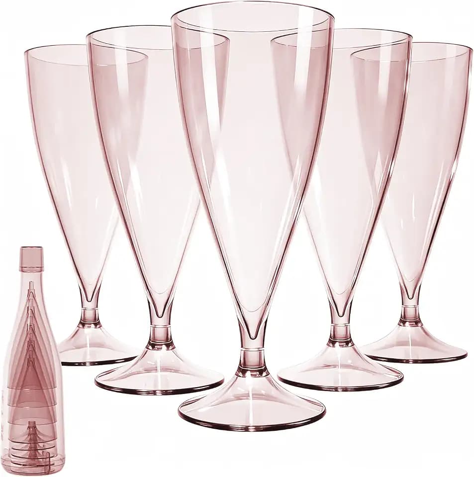 Cozary 5 Stück Sektgläser Plastik mit 1 Tassenhülle, 155ml Sektgläser Kunststoff Mehrweg, Abnehmbar, Plastik Cocktailgläser, für Sektempfang, Hochzeit, Geburtstag, Picknick, Party - Rosa