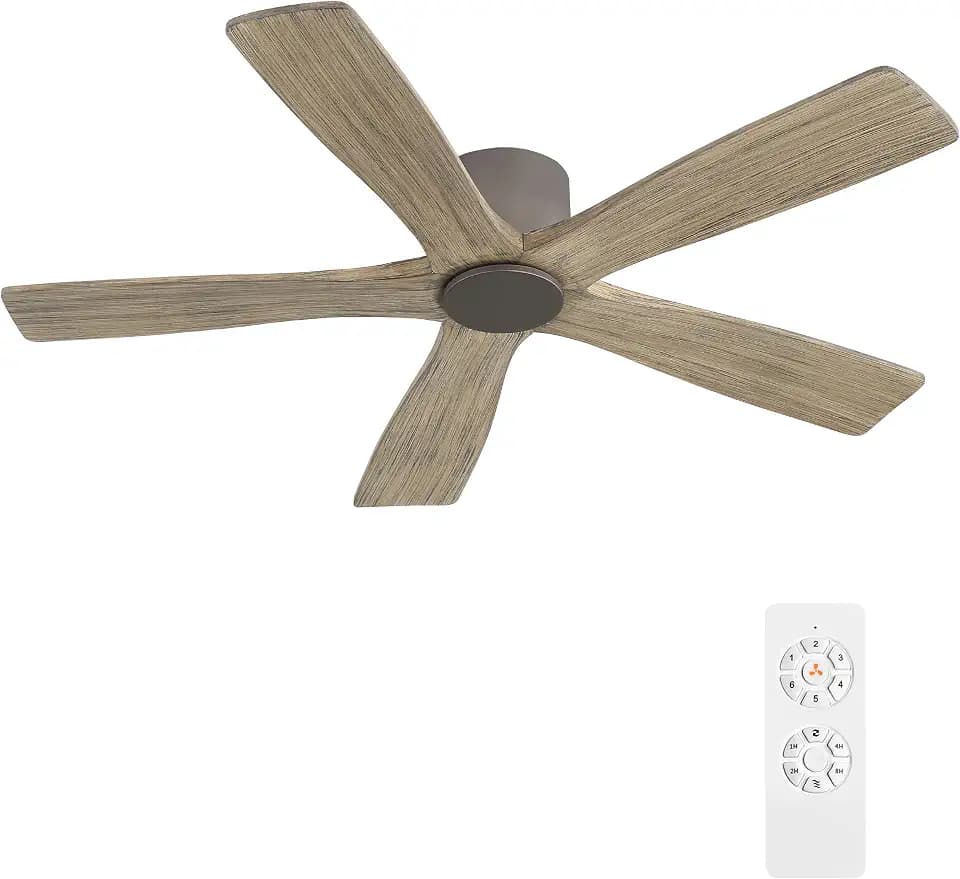WINGBO 48" Flush Mount DC Ceiling Fans without Lights, 5 Carved Solid Wood Blades, 6-Speed Reversible DC Motor, Low Profile Hugger Ceiling Fan No Light for Living Room Bedroom Patio, Graphite and Gray