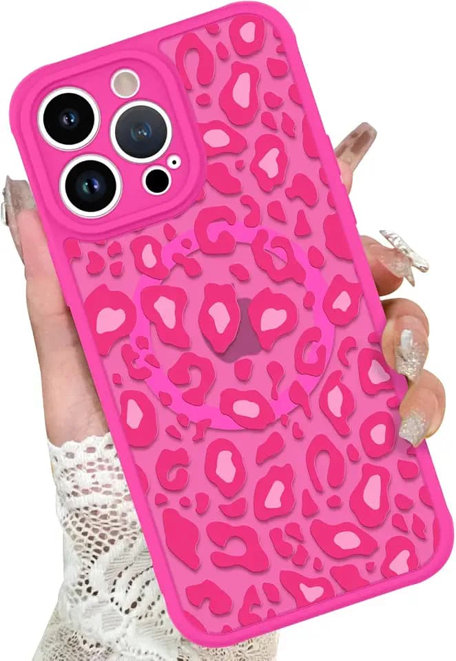 KANGHAR Case for iPhone 14 Pro Hot Pink Leopard Printed Pattern
