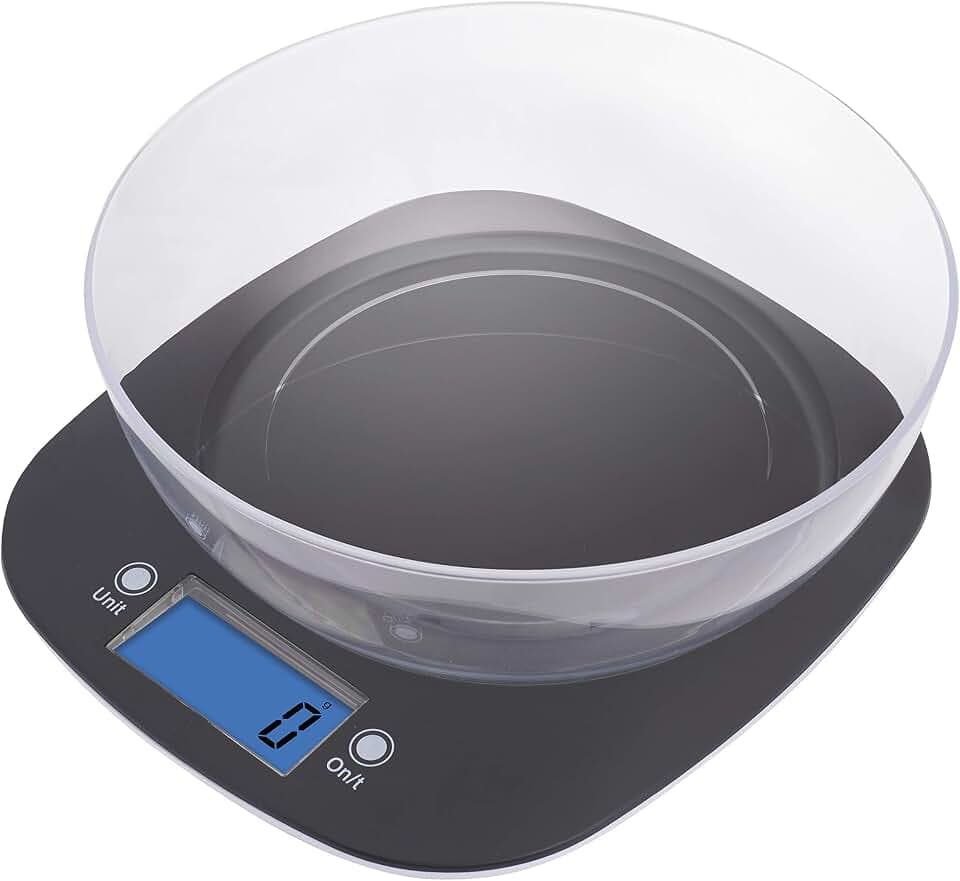 EMOS EV025 Küchenwaage mit Schüssel/Digitalwaage mit beleuchtetem LCDDisplay/Tara-Funktion/Nahrungsmittelskala/ElektronischeWaage/Präzisionbiszu1g/Tragkraft5kg,Schwarz,22,3x19,8x2cm
