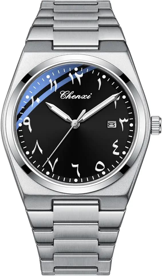 MASTOP Arabic Dial Men's Quartz Watch Silver Stainless Steel Luminous Waterproof Business Casual Wristwatch with Date Display