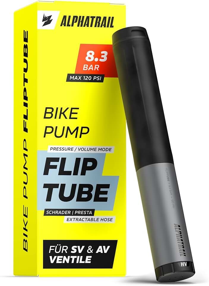 Fahrradpumpe mit Schlauch 120 PSI / 8,3 bar, 2 Pumpmodi HV/HP, SV & AV – Alphatrail Mini Luftpumpe Fahrrad mit Halterung, Minipumpe klein für Rennrad, MTB, Gravel, Trekking, E-Bike, FlipTube