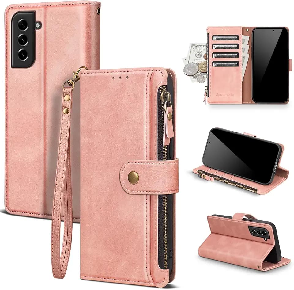 Compatible with Samsung Galaxy S21 Wallet Case with Card Holder RFID Blocking Zipper PU Leather Flip Protective Cover Wrist Strap Credit Card Slots Men Women,for S21 6.2",Rose Pink