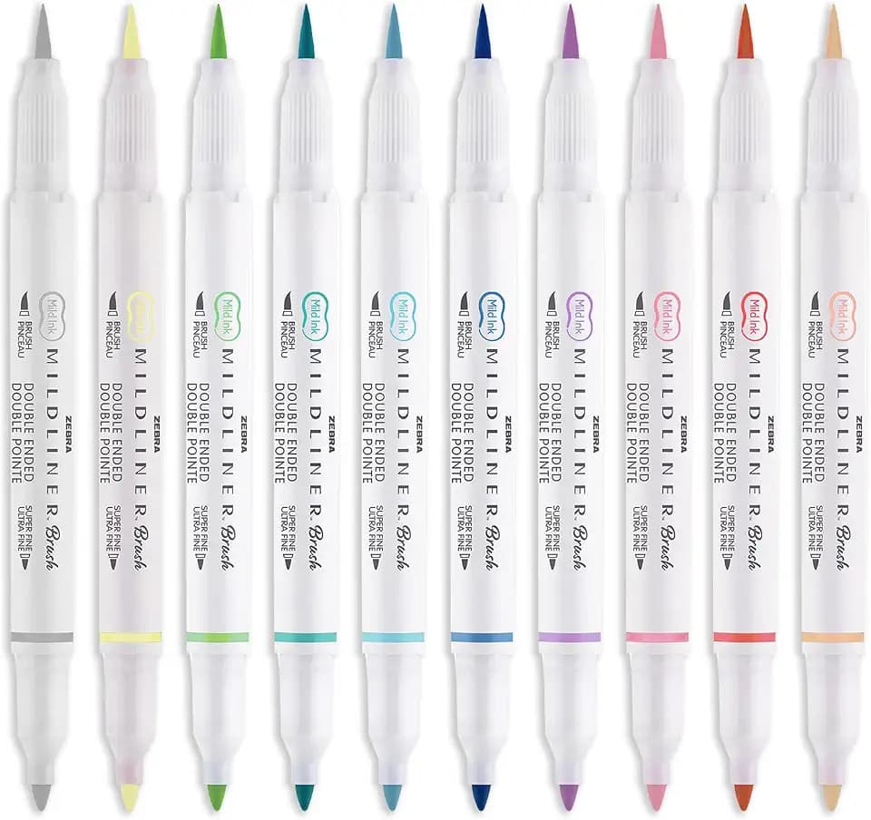 Zebra Mildliner Brush Highlighter Pen - Pinselstift und Marker Feder, doppelt endig, 10 Stück