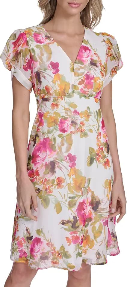 Calvin Klein Women's Puff Sleeve V Neck Chiffon A-line Short Dress