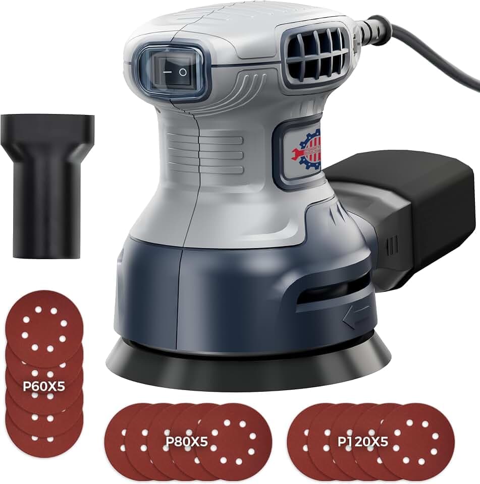 Exzenterschleifer 125mm mit Bremse, 350W Schleifmaschine für Holz mit 15 Schleifpapier & Staubabsaugung, 6 Geschwindigkeiten 6000-13000 U/min, Staubsaugerkompatibel für Holz Schleifarbeiten