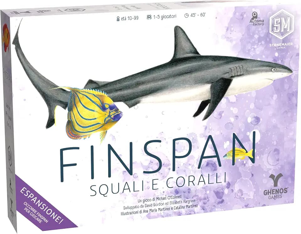 Finspan: Haie und Korallen - Brettspiel - Wettbewerbsspiel für Erwachsene und Jugendliche ab 10 Jahren - 1-5 Spieler - Dauer 45-60 min - Italienische Ausgabe (Erweiterung)