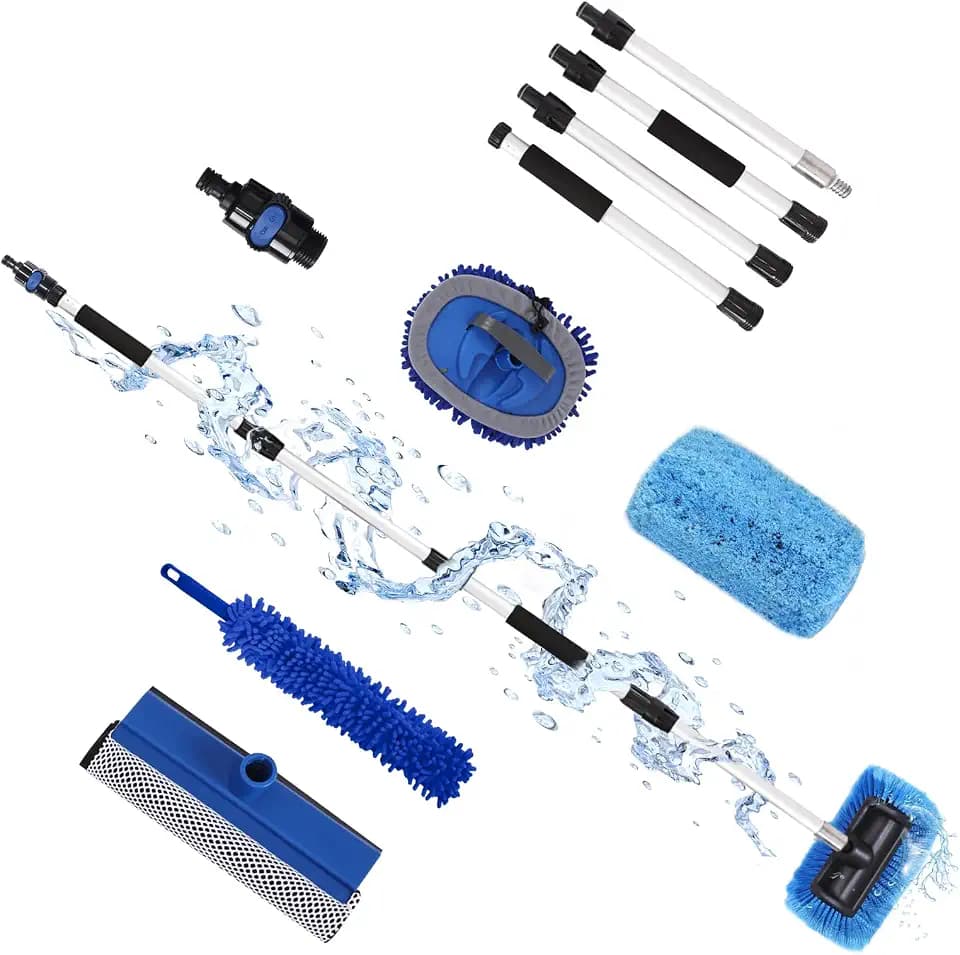 XCBYT Upgraded Car Wash Brush with Long Handle, 69'' Flow-Through RV Wash Brush Kit with Soft Bristle Brush, Chenille Mop, Squeegee & Duster, Adjustable Aluminum Pole Car Cleaning Kit for SUV RV Truck