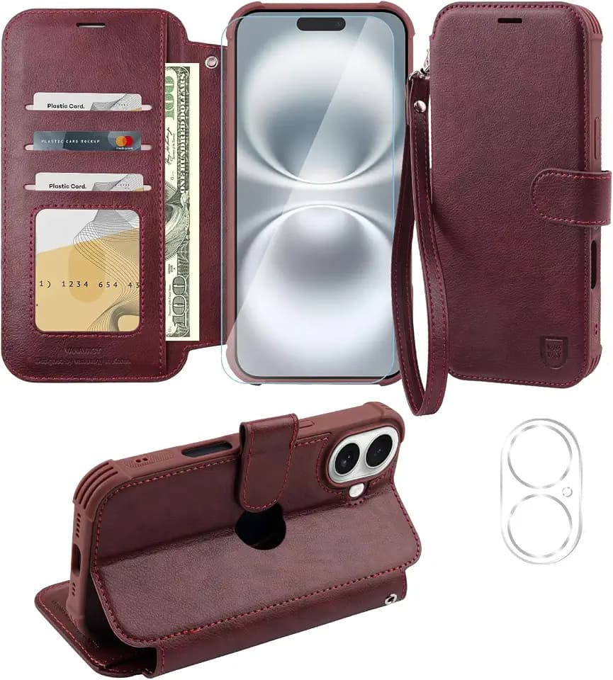 VANAVAGY Flip Wallet Case for iPhone 16 Plus 6.7 inch, Burgundy
