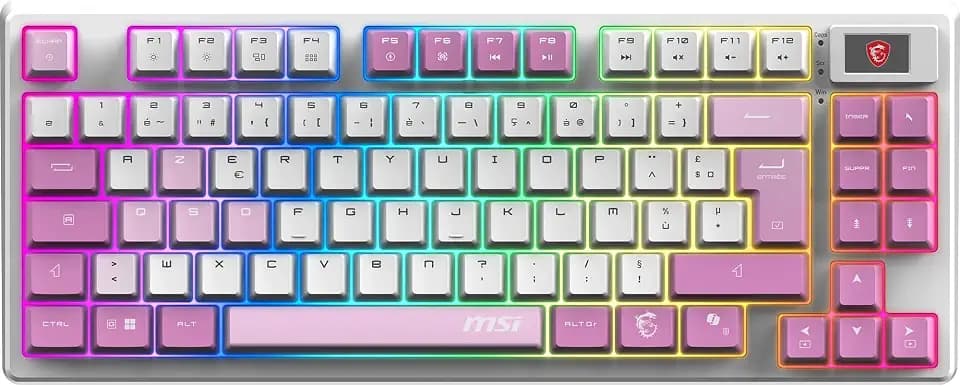 MSI Forge GK600 TKL W Violet FR - MECHANISCHE LINEARE SWITCHES – PBT-Tastenkappen mit Farbsublimationsdruck, rutschfeste Unterseite, RGB-LED, USB 2.0, Bluetooth, 2,4 GHz – ohne Ziffernblock