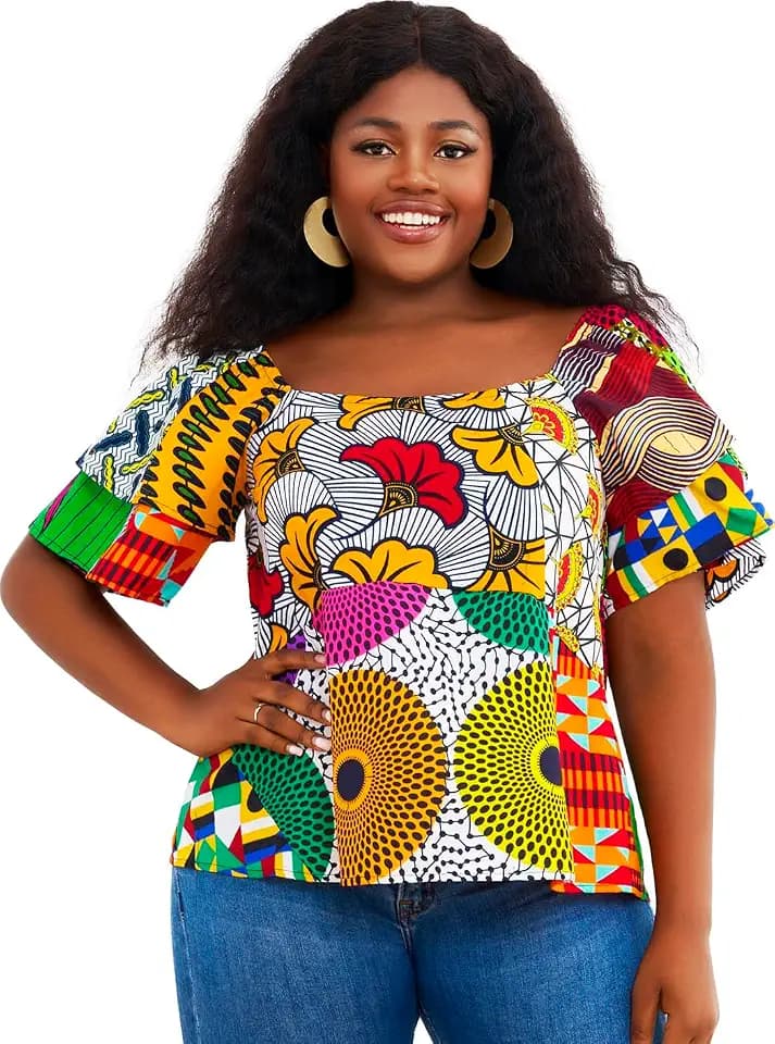 Women's African Print Patterns Tops Kente Patchwork Cloth Blouse