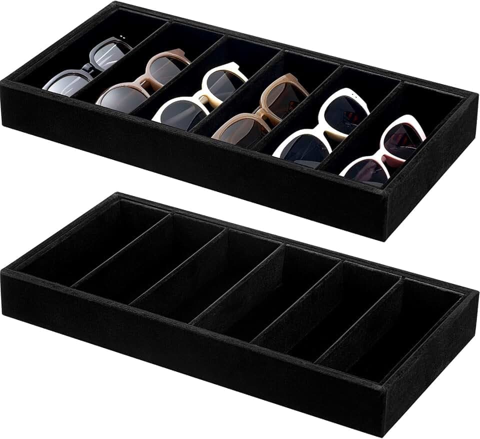 Juexica 2 Pcs Velvet Sunglass Trays 6 Grids Sunglasses Organizer, Black