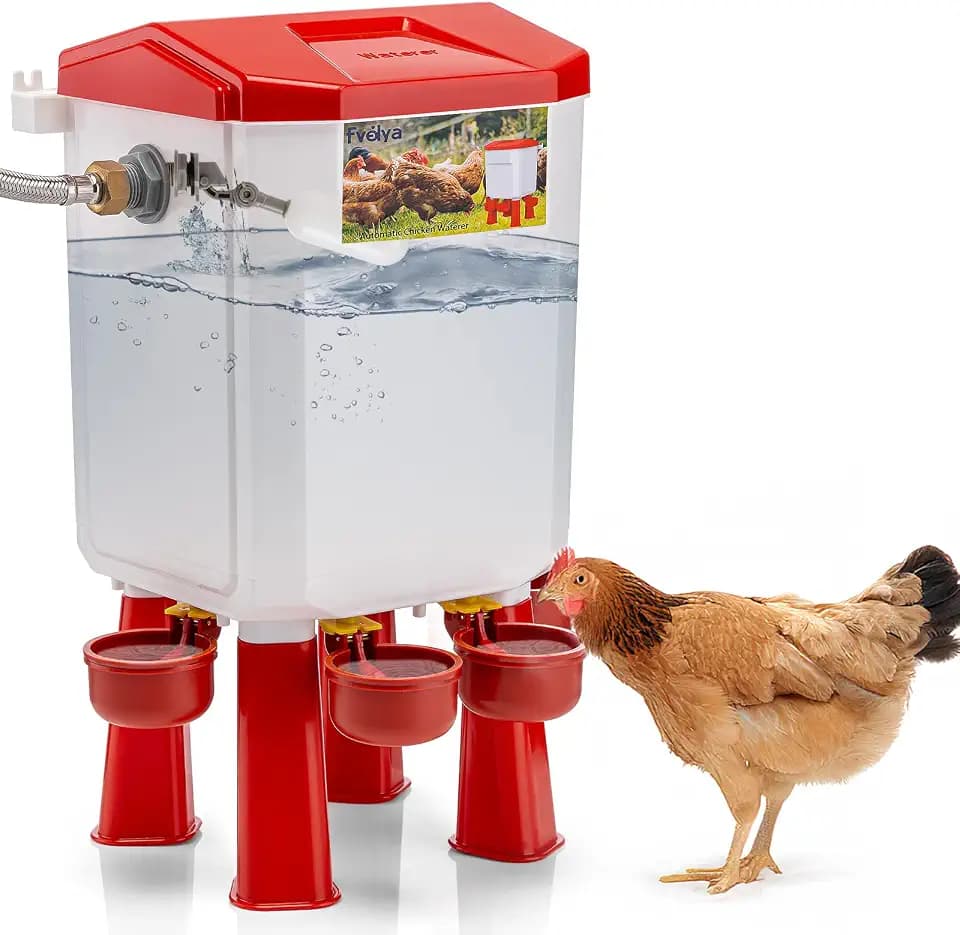 Automatic Chicken Waterer, Float-Controlled Large Waterer with Four Water Cups and Stainless Steel Metal Hose; Suitable for Quail, Ducks, and Other Poultry.