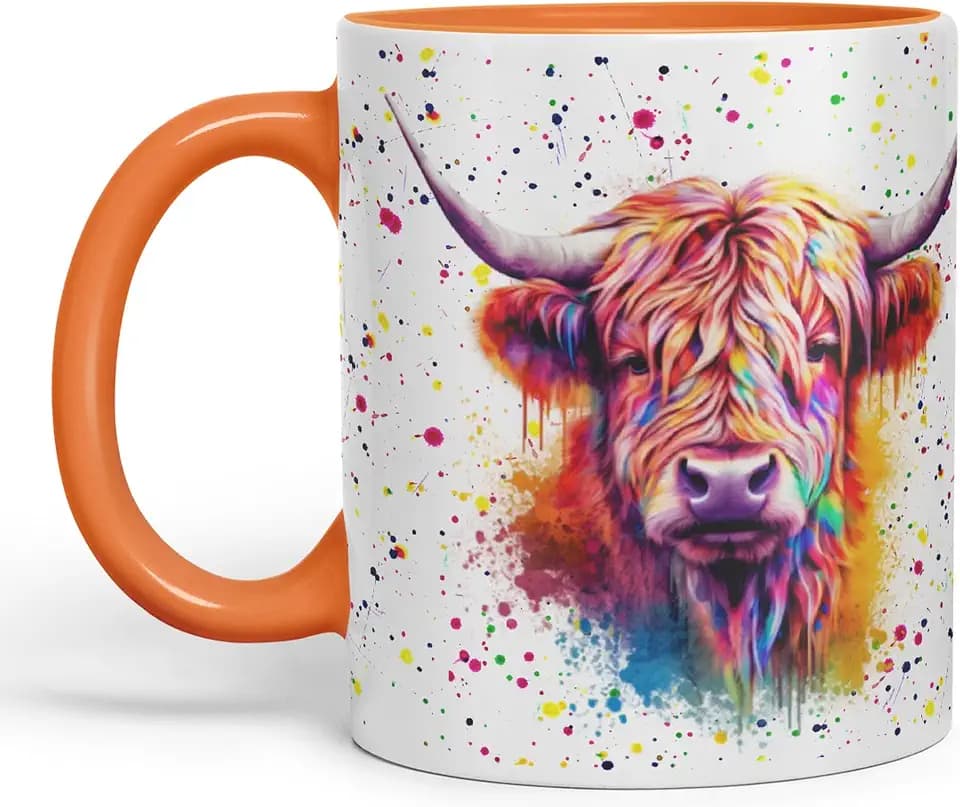 Vixar Highland Cow Scottish Farm Animals Aquarell Art Coloured 330ml Mug Cup Gift Birthday Work Office Tea Coffee (hc4) (Orange)