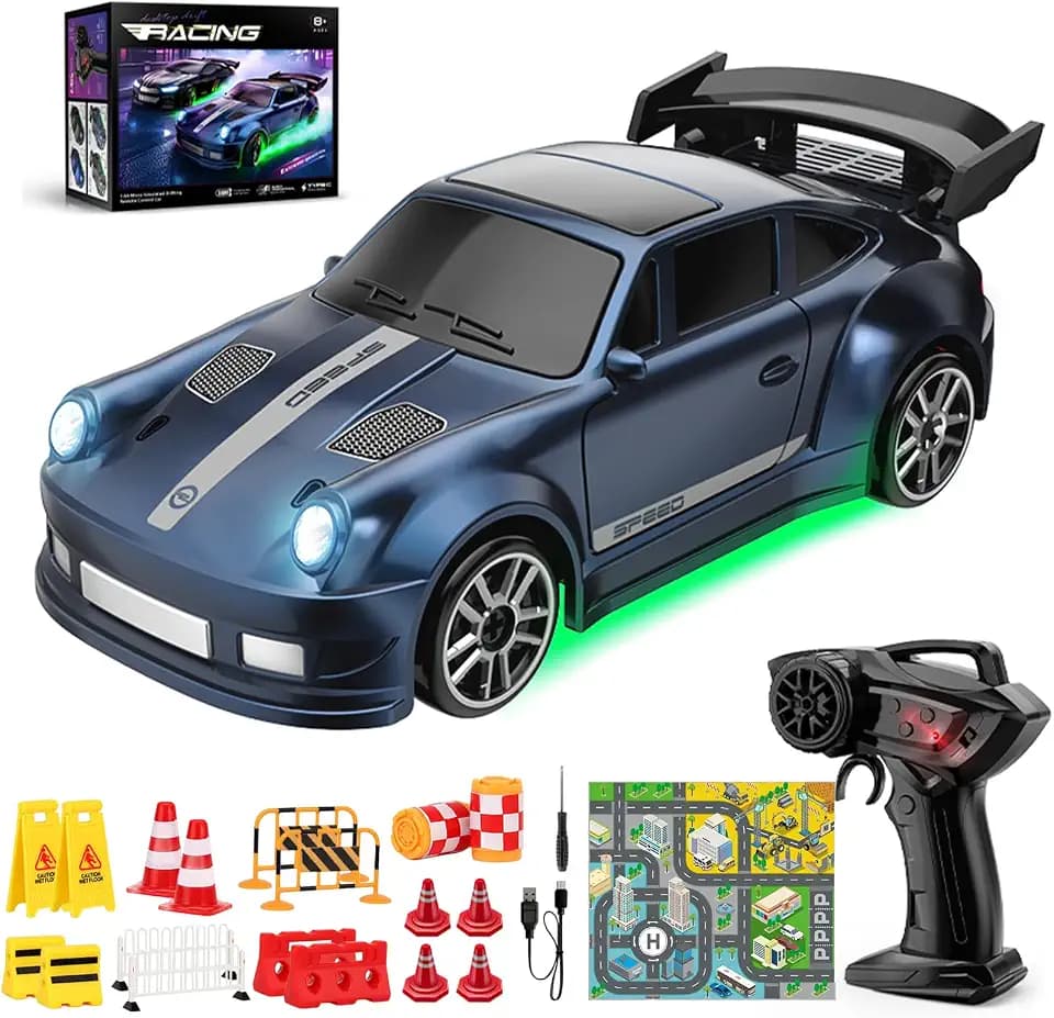 Xerteam 1:64 RC Drift Car, Mini Drifts Auto mit Blendend Bunte Lichter, 2,4 GHz Mini-Ferngesteuert mit Straßensperren, Drift-Spezialeffekte, Mini Rc Drifts für Kinder ab 6 Jahre