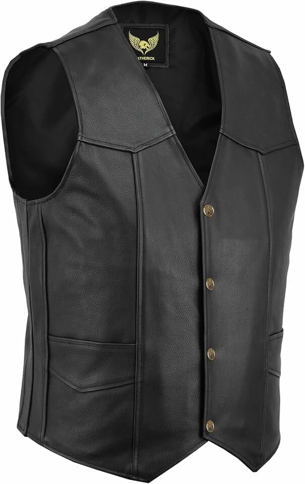 Leatherick Herren Schwarze Rindslederweste – Klassische Lederweste mit Druckknopfverschluss & 4 Funktionstaschen