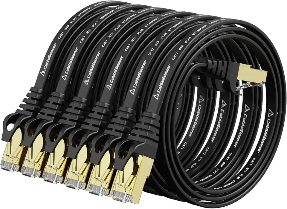 CableGeeker Cat7 Shielded Flat Ethernet Patch Cables, 1.5 ft, 6-Pack, Black