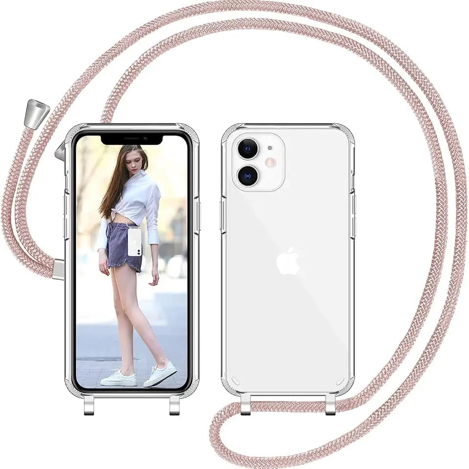 Silikonhülle mit Kordel für iPhone 11, weiche Silikonhülle mit verstellbarem Anhänger, Halsband, Kette, Kordel (Roségold 4)