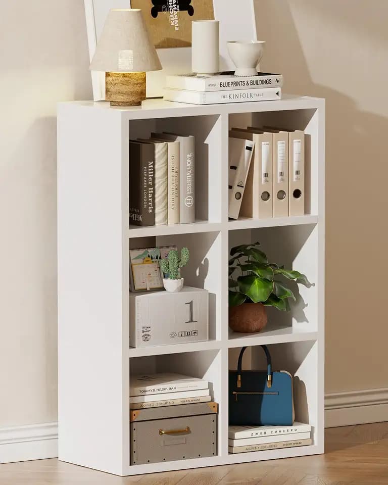 GTPLAYER 6-Cube Storage Organizer, Fits 11" Bins, Vertical or Horizontal Use, Opening Bookshelf, Partial Back Panels, Design Bookcase, for Closet, Bedroom, Home Office, White