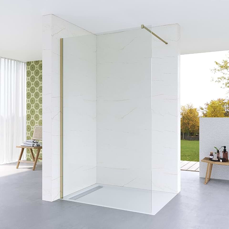 Duschkabine Gold 100x200 cm Duschwand Glas Duschabtrennung Walk-In Dusche Nano ESG Echtglas Klarglas 8 mm Duschtrennwand Trennwand Gebürstetes Gold Wandprofil Stabilisator 100 cm