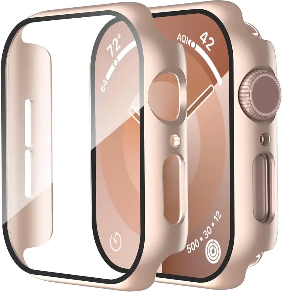 Smiling 2 Pack Case Compatible with Apple Watch SE 3 (2025)/ SE 2/ SE/Series 6/5/4 44mm with Tempered Glass Screen Protector, Hard PC Case Overall Protective Cover- 1 Rose Gold + 1 Transparent