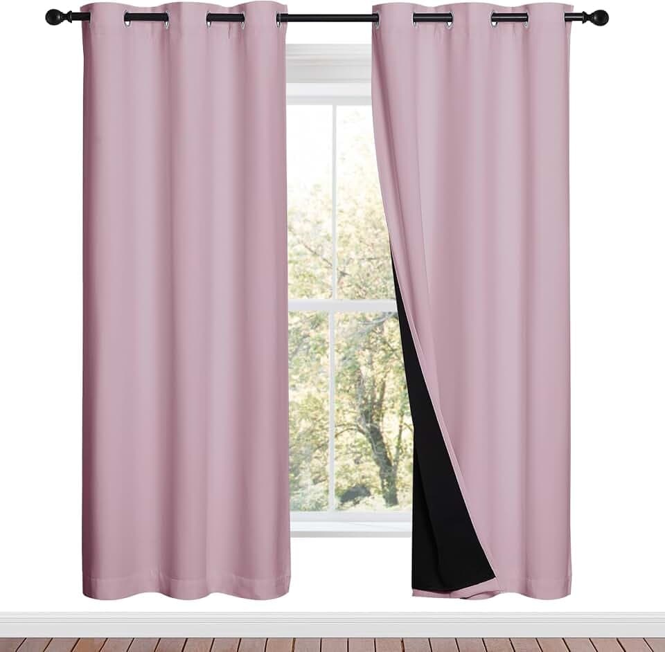 NICETOWN 100% Blackout Window Curtain Panels, Baby Pink, 2 Pieces, 42-inch Wide Per Panel, Full Light Blocking Drapes with Black Liner for Nursery, 72-inch Drop Thermal Insulated Draperies