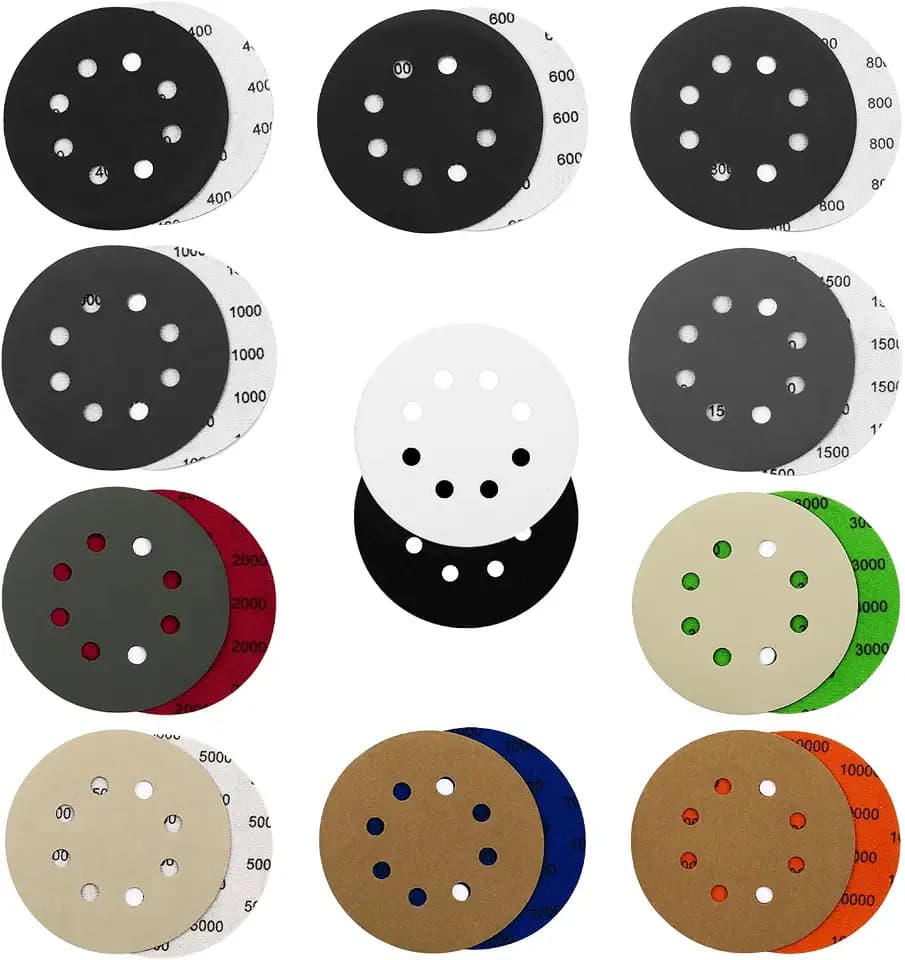 100PCS 5 Inch Sanding Discs Hook & Loop Sandpaper 400/600/800/1000/1500/2000/3000/5000/7000/10000 Grit Orbital Wet Dry Sandpaper with 2PCS Interface Pads for Automotive Wood Metal Polishing