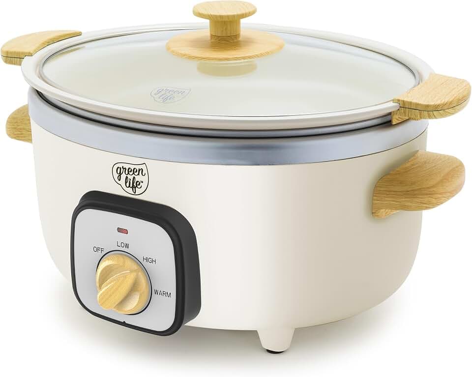 GreenLife 3.5QT Ceramic Nonstick Slow Cooker, Cooktop/Oven Safe, Cream