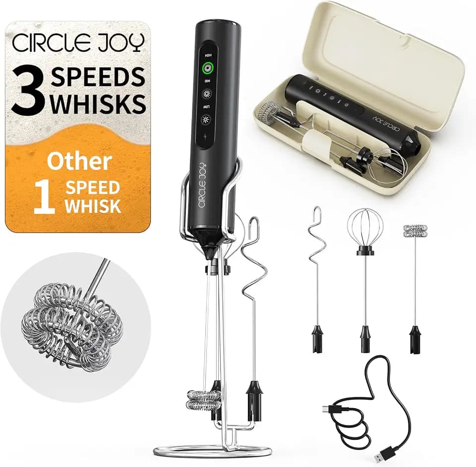 CIRCLE JOY Wiederaufladbarer Handmilchaufschäumer mit Ständer, 3 Geschwindigkeitsstufen, 3 Schneebesen und Aufbewahrungsbox, Elektrischer Getränkemixer für Cappuccino, Eier und Proteinpulver, Schwarz