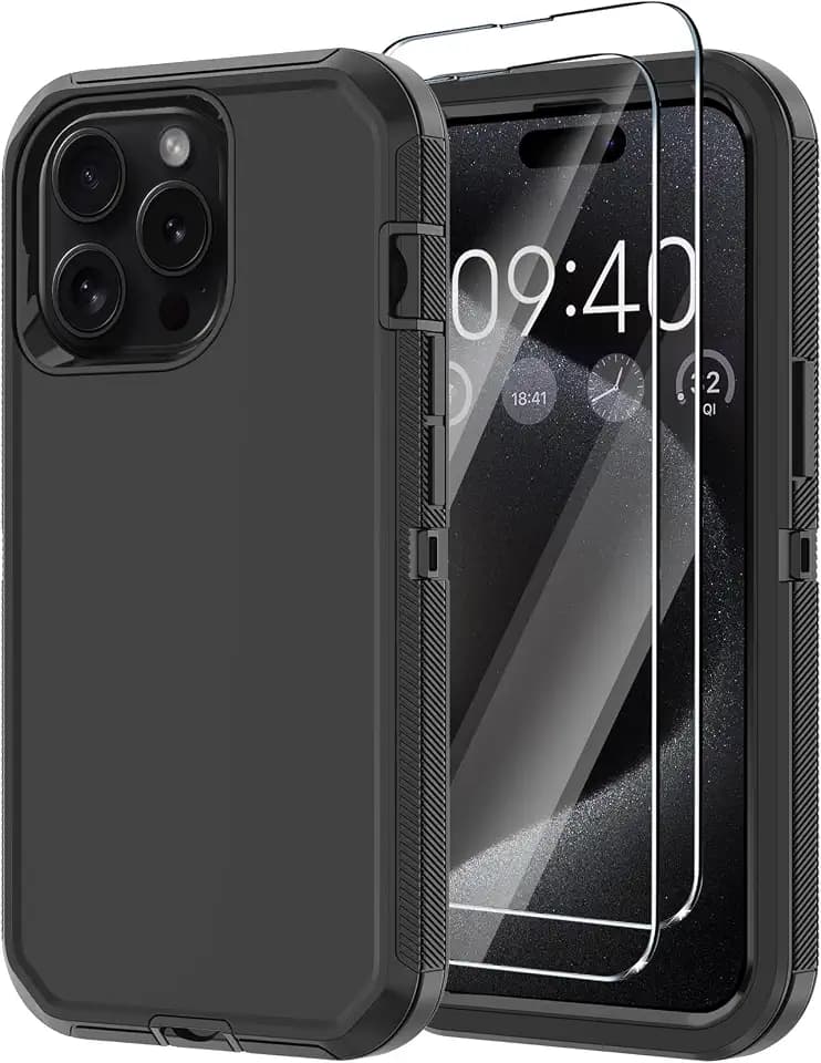 for iPhone 15 Pro Max Case with 2 Screen Protector,Shockproof Drop Protection Full Body Heavy Duty 3-Layer Military Rugged Durable Phone Cover for Apple iPhone 15 Pro Max 6.7" (Black)
