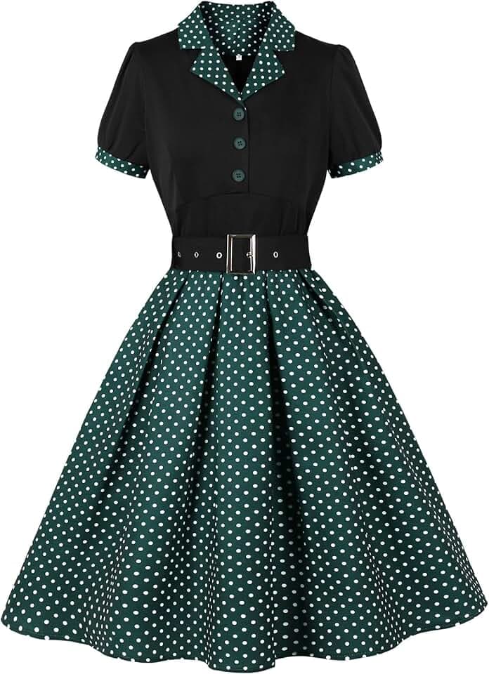 Wellwits Damen Blazerkleid mit Knopfleiste, gepunktet, plissiert, für Arbeit, Büro, formell, Cocktail, 1950er-Jahre, Vintage-Stil